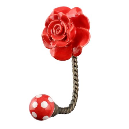 Red Flower Ceramic Wall Hook in Antique Fitting